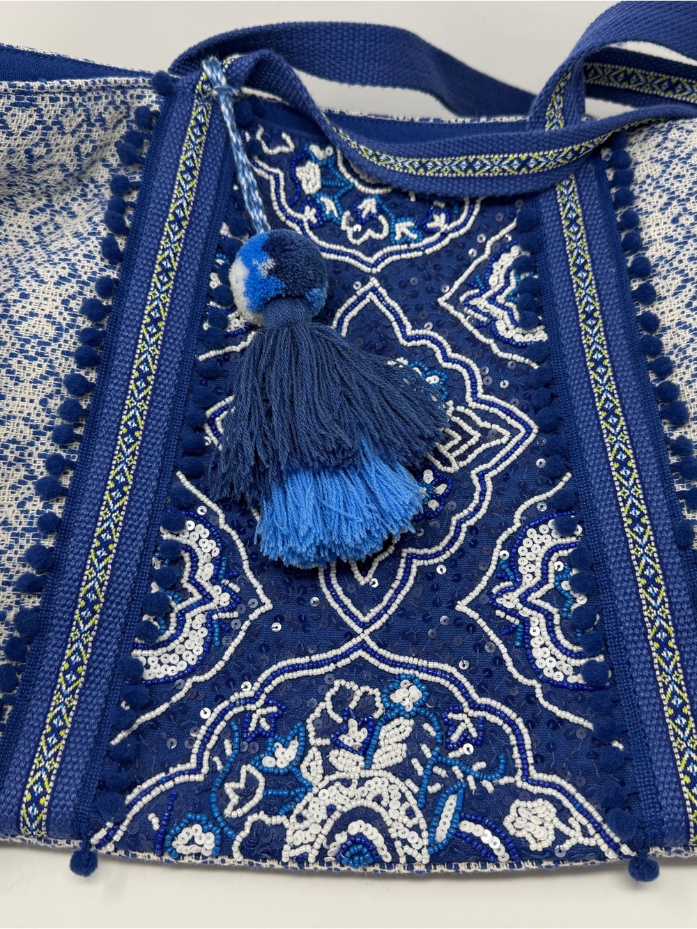Boho America and Beyond Embroidered Blue Tote Bag with Tassel and Insert - Picture 16 of 16